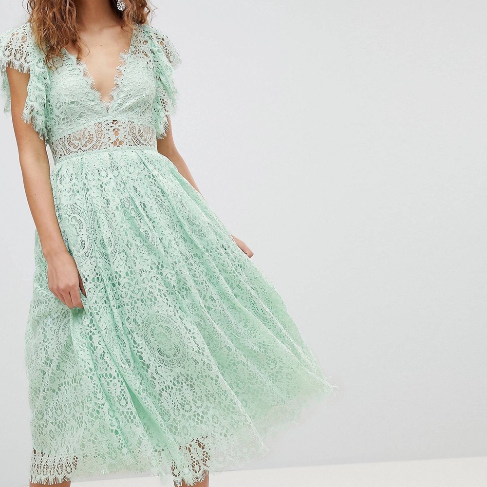 ASOS Mint Lace Midi Dress with Frill Sleeve